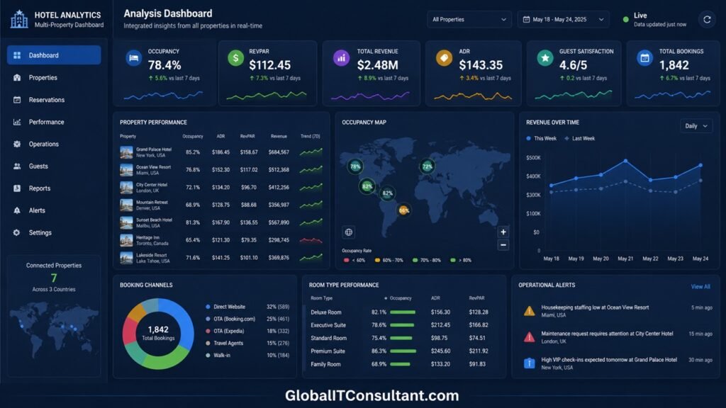 Integrated data from multiple hotel properties with real-time occupancy, revenue, and operational metrics